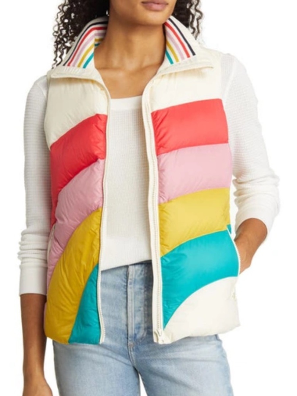 NWT Marine Layer Archive Apres Puffer Vest Retro Rainbow Wave Feather Down XL